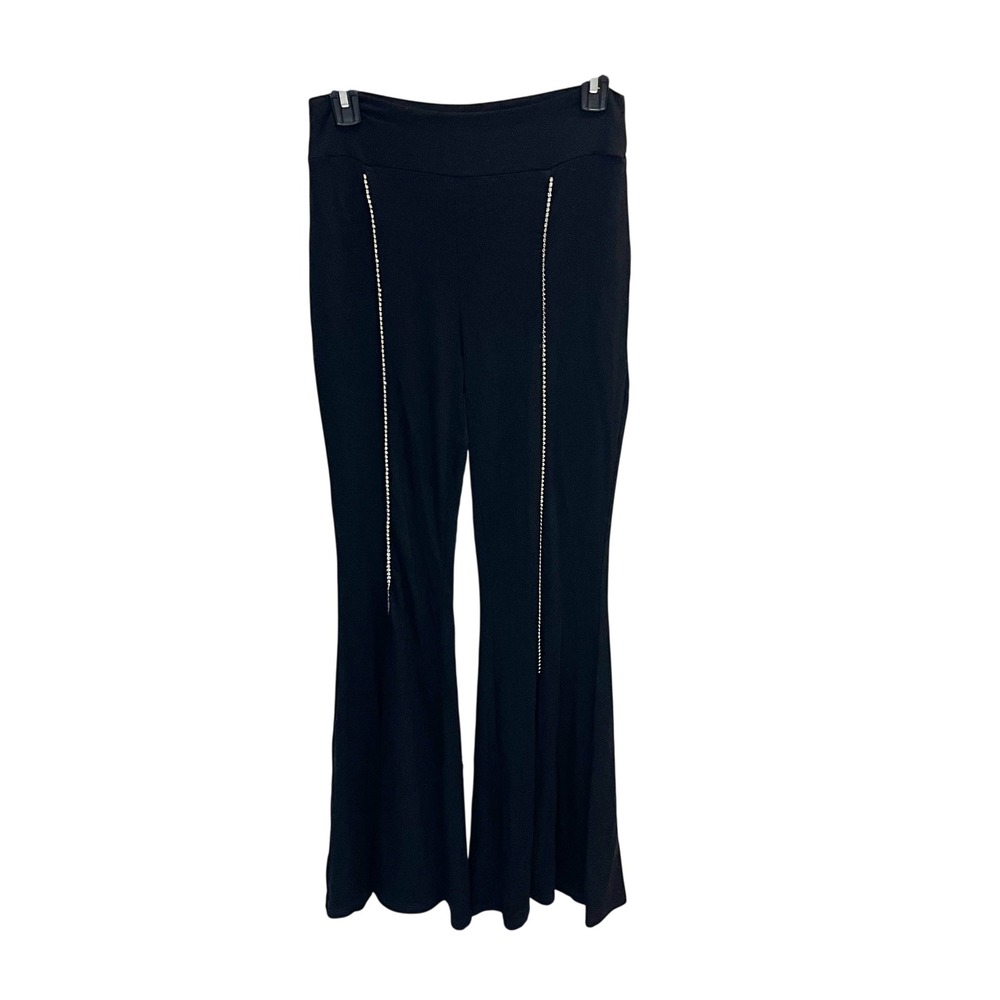 Vocal USA Black Rhinestone Flare Pants Y2K High Waist Pull On Stretch Size Large